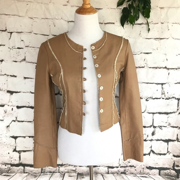 Tan Frayed Seams Patchwork Vegan Leather Fitted Jacket Coat size small - Picture 5 of 11